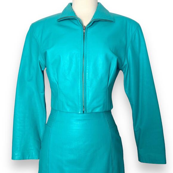 Vintage 80s Yucatan Bay Teal 2 Piece Leather Mini Skirt Jacket Matching Suit Set - Picture 5 of 11